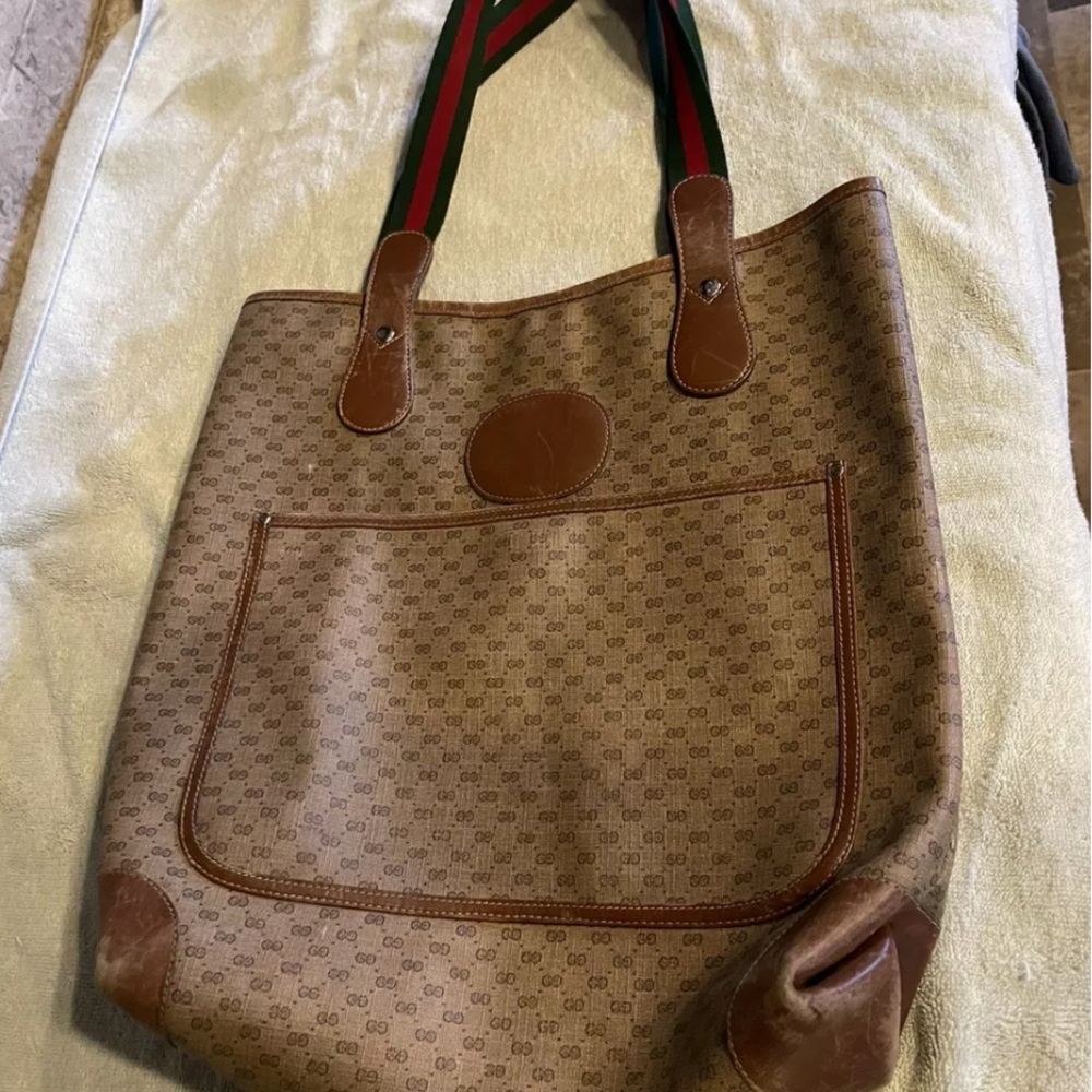 - - GUCCI Vintage Tote Bag Shoulder Sherry GG PVC Brown Authentic 092…